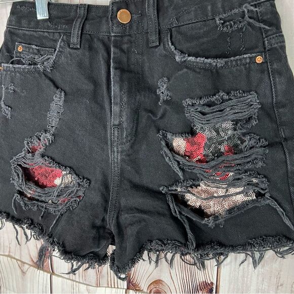 Zara | Sequin High Waist Distressed Shorts - Picture 3 of 6
